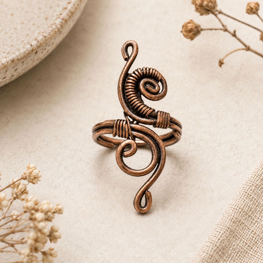 Artisan Copper Wire Wrap Bypass Statement Ring Adjustable Size 6.5